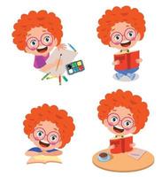 cute little hardworking boy reading a book and drawing a picture vector