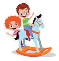 happy boy swinging on toy horse vector