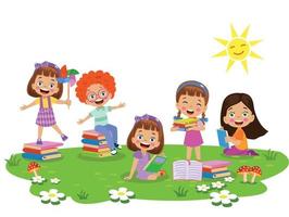 niños trabajando y leyendo libros en el parque vector