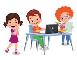 Vector Illustration Of Kids With Computer and with a friend