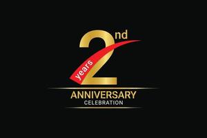 2nd year anniversary golden number and red ribbon with banner design. vector