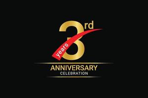 3rd year anniversary golden number and red ribbon with banner design. vector