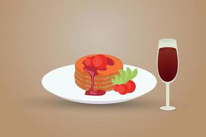 Pancake with butter and chocolate cream off strawberries with cup of coke vector illustration