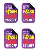 Flash Sale sticker set. Limited offer, sale 25, 35, 45, 55 off vector