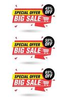 Special offer big sale red origami set. Sale 45, 55, 65 off discount vector