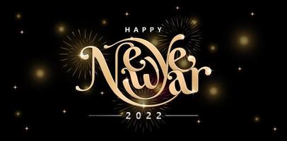 illustration of Happy New Year lettering fonts golden color with isolated black background, fireworks and glitter sparkle star decoration applicable for greeting cards, invitation, sign and banners. vector