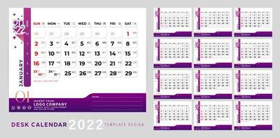 Desk Calendar for 2022 vector design with Chinese calendar date. Gradient color of velvet violet minimal and clean layout. Corporate design planner template. Week Starts on Sunday. Set of 12 Months