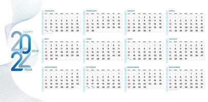 calendario para el diseño de plantillas 2022. con forma de patrón de línea ondulada y diseño limpio para negocios, plantilla de planificador de diseño corporativo. inicio de semana el domingo. conjunto de 12 meses. listo para papel imprimible. vector