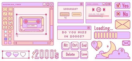 vieja estética de la computadora. elementos de pc retro kawaii, interfaz de usuario, sistema operativo, ventanas, iconos en estilo retro y2k de moda. Ilustraciones vectoriales. vector