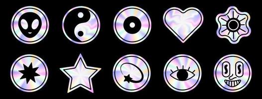 Holographic sticker set in a trendy y2k style.Vector Graphic with textured foil effect. vector