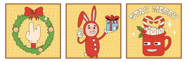 Set of Christmas posters, greeting cards with a rabbit, a cup of cocoa and a fir wreath with a rock and roll hand. Hippie groovy retro style. vector