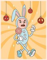 Groovy hippie Christmas. Human in bunny costume. Merry Christmas and happy new year greeting card, poster, print, party invitation, background. Retro cartoon character. vector