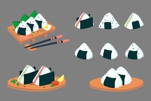 conjunto de onigiri en un plato de madera. ilustración vectorial vector