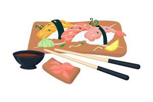 juego de sushi con mariscos en un plato de madera. ilustración vectorial vector