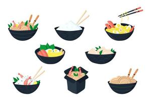 Set Asian food on plates and wooden chopsticks with noodles. vector illustration