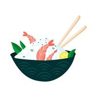 Rice with shrimp in a round plate. vector illustration