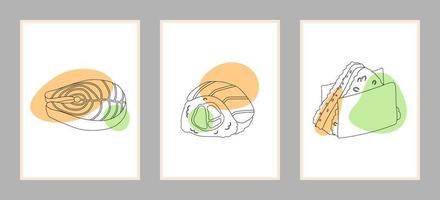 Set of posters with sushi, salmon and onigiri. vector illustration