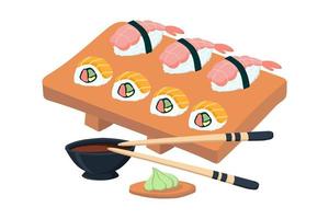 Sushi set with salmon and shrimp on a wooden plate. vector illustration