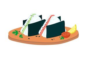 Set of onigiri on a wooden plate. vector illustration