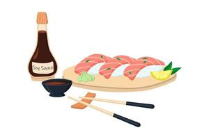 Set of sushi with tuna soy sauce and chopsticks. vector illustration