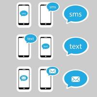 sms, mensajería, envío de iconos de mensajes de texto establecidos. Ilustración de vector de signo de burbuja de notificación de correo.