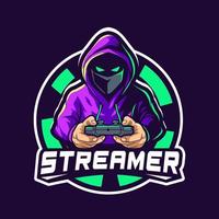 streamer gamer encapuchado mascota logo diseño vector con moderno concepto de estilo de ilustración para la impresión de insignias, emblemas y camisetas. ilustración de jugador para el equipo de esport.