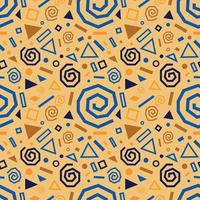 Festive seamless pattern with gold and blue doodles, swirls, stars, geometric elements vector