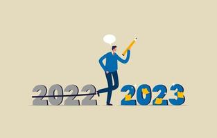 planificación empresarial de año nuevo. meta para 2023. empresario sosteniendo un lápiz para escribir un plan de negocios. ilustración vector