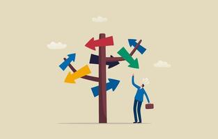 Business decisions or future paths. Multiple choices and confusion. Businessman standing in the direction of the crossroads chose the direction. illustration vector