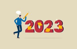 planificación empresarial de año nuevo. meta para 2023. empresario sosteniendo un lápiz para escribir un plan de negocios. ilustración vector