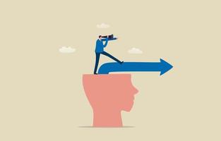 Mindset and vision of a leader in making business decisions. Brain makes decisions. Businessman finds a path forward from his head. illustration vector