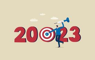 año nuevo 2023 para el objetivo comercial. establecer metas encaminadas al éxito empresarial. hombre de negocios sosteniendo dardos apuntando al objetivo. ilustración vector