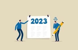 New Year business planning. Goal for 2023. Businessman holding a pencil for writing a business plan. Illustration vector