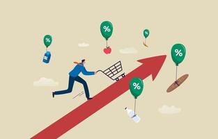 Food prices rising. Effect of the inflation rate on prices. Man pushing a shopping cart following the food price chart arrow. illustration vector