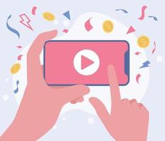 ganar dinero en línea con contenido de video en las redes sociales. mano que sostiene el teléfono inteligente con reproductor de video en pantalla. ilustración vectorial vector