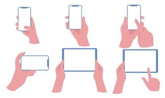 Set of Hand holding smartphone vertically with blank screen vector illustration. Phone with empty screen, phone mockup, app interface design elements