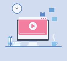 lugar de trabajo moderno y trabajo en computadora con reproductor de video en pantalla. video en línea, ver películas, materiales educativos, conceptos de cursos web. ilustración plana vector