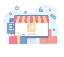 compras en línea o tienda digital en concepto de computadora. compras en línea de negocios y comercio electrónico de negocios. ilustración vectorial vector