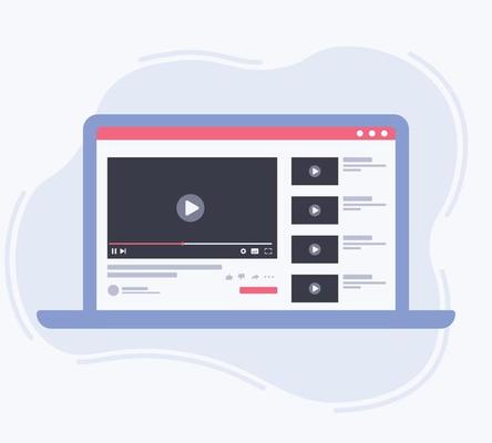 Web video player template social media on laptop screen. laptop with video player on screen. Watch movies, educational materials, web courses. Vector illustration