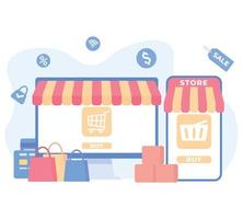 compras en línea o tienda digital en computadora y concepto móvil. compras en línea de negocios y comercio electrónico de negocios. ilustración vectorial vector