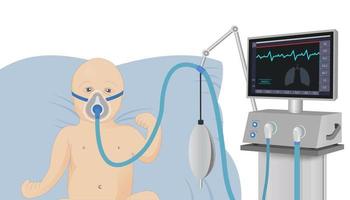 A small child lies in a hospital bed with an oxygen mask on a ventilator in critical condition. Emergency medical care. Resuscitation of patients. vector