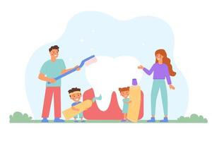 Family brushing their teeth. Toothpaste, brush. National Children Dental Health Month vector