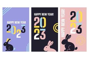 2023 set of Happy New Year posters with rabbit. Abstract geometric typography design vector