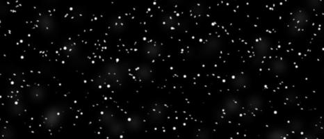 Different realistic falling snow or snowflakes. Falling snow isolated on black background. Winter snowfall illustration. Bokeh lights on black background, flying snowflakes in the air. Snow at night. photo