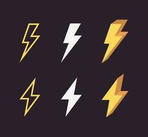 Lightning and different style isolated voltage symbol on black background flat vector illustration.