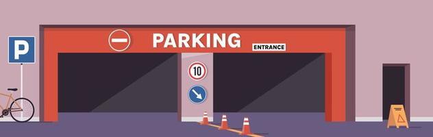 Car parking entrance and striped cones, city infrastructure, vehicle entrance at mall underground garage flat vector illustration.