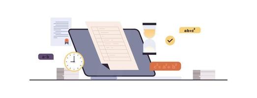 pruebas y aprendizaje en línea, examen en computadora, formulario de lista de verificación con examen en monitor, encuesta, cuestionario, educación, ilustración de vector plano de reloj de arena.