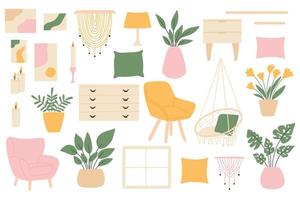 un conjunto de muebles acogedores. una colección de plantas de interior, sillones, cuadros, mesitas de noche, cojines. muebles modernos para crear interiores acogedores. ilustración vectorial en estilo plano. vector