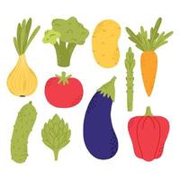 conjunto de vectores de verduras planas. colección de verduras brócoli, pimiento, cebolla, zanahoria. estilo dibujado a mano aislado sobre fondo blanco. ilustración vectorial