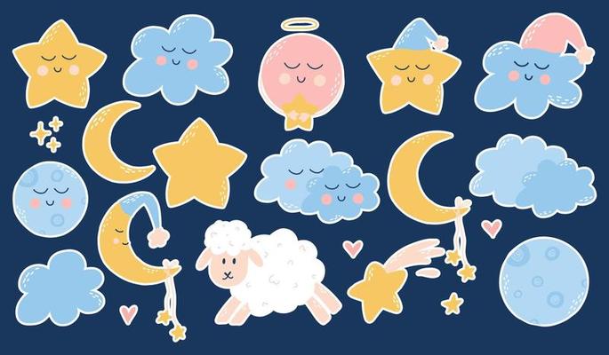 Cute childish set of good night elements. Childrens collection of stars, clouds, moons, planets. Vector illustration in hand drawn cartoon style.